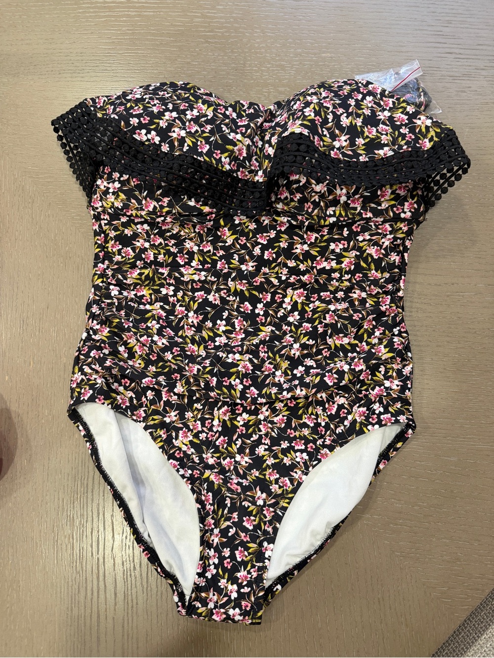 Kona Sol Black Floral Bandeau One-Piece Swimsuit | Size Medium | NWT